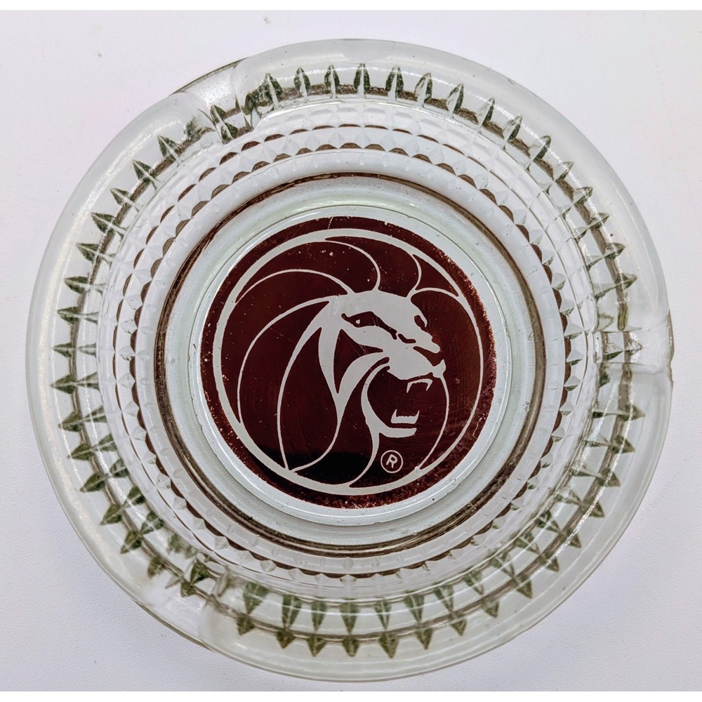 Vintage MGM Grand Casino Glass Ashtray Maroon Lion Logo Hobnail